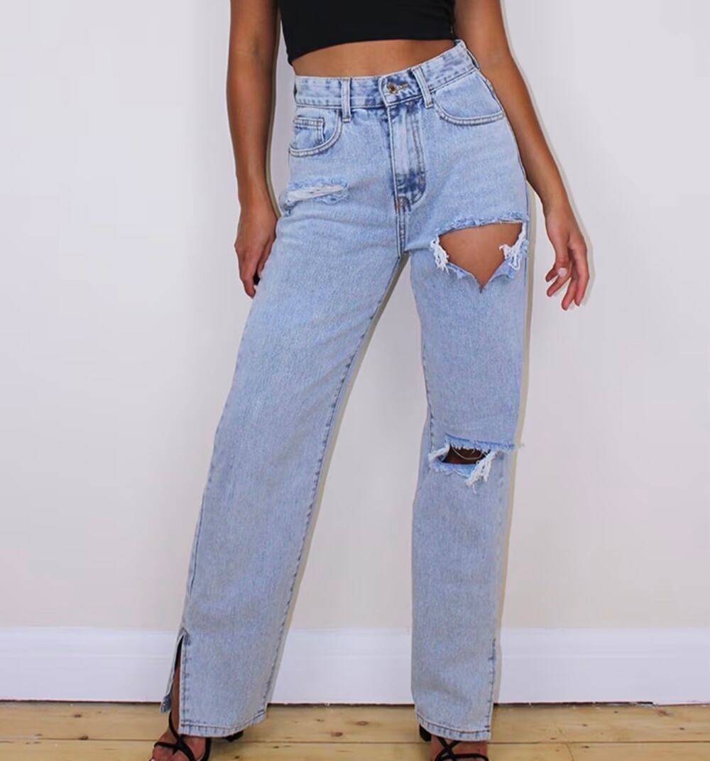 ✨New✨Pretty Little Thing Tall Bleach Washed Distressed Split Hem Jeans US Sz 10
